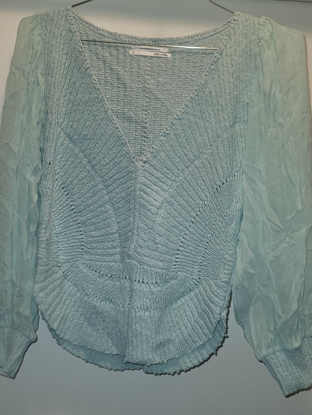 Anthropologie V-Neck Knit Blouse with Sheer Puff Sleeves M